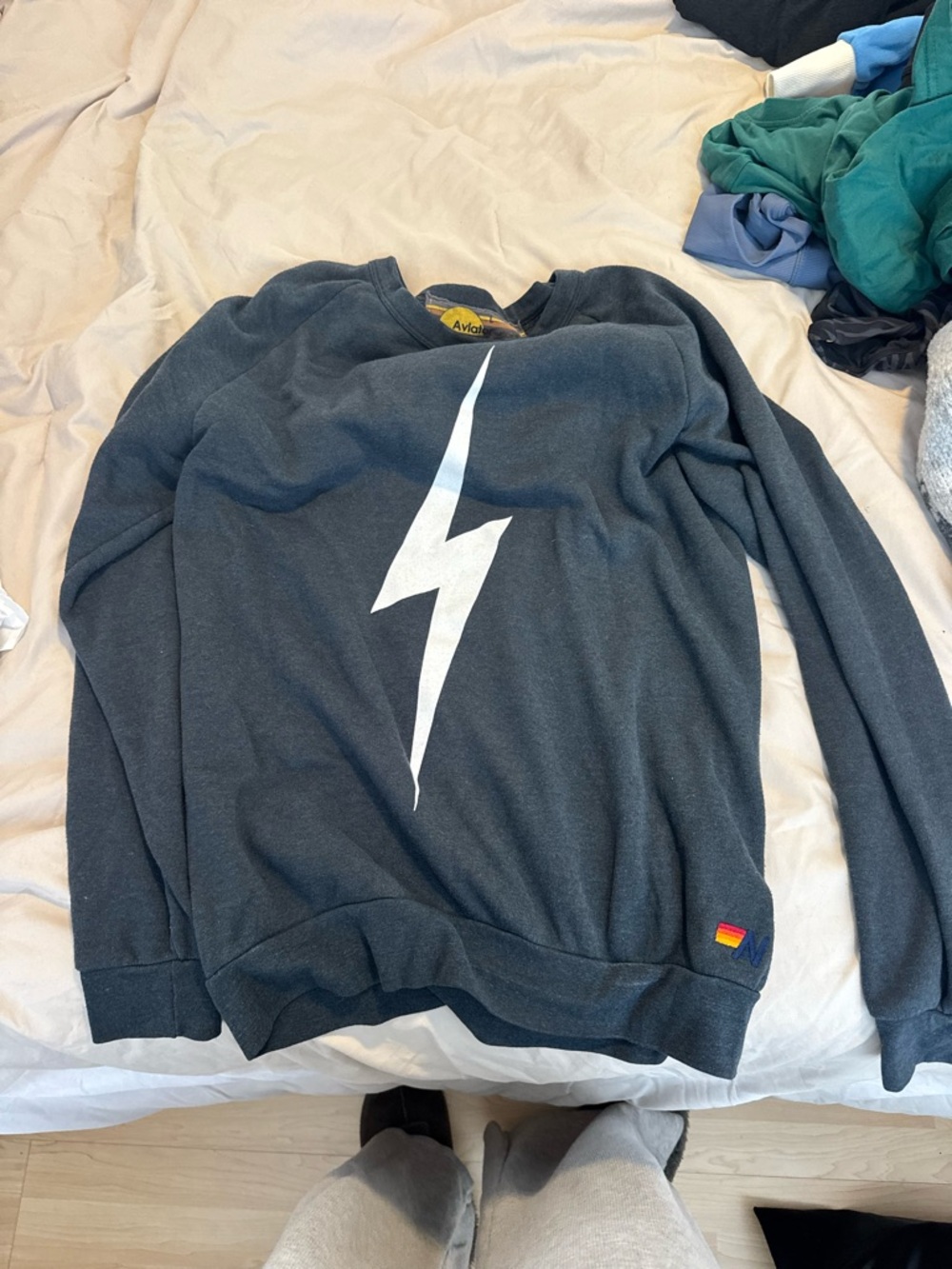 Aviator Nation Charcoal Crewneck with White Lightning Bolt